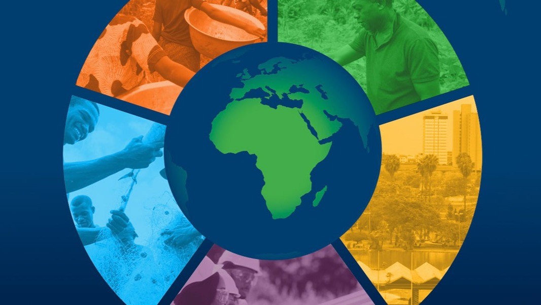 Globe of Africa surrounded by images representing community and industry.